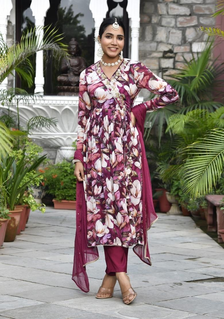 Maroon Thread Work Chinon Anarkali Set - Indya
