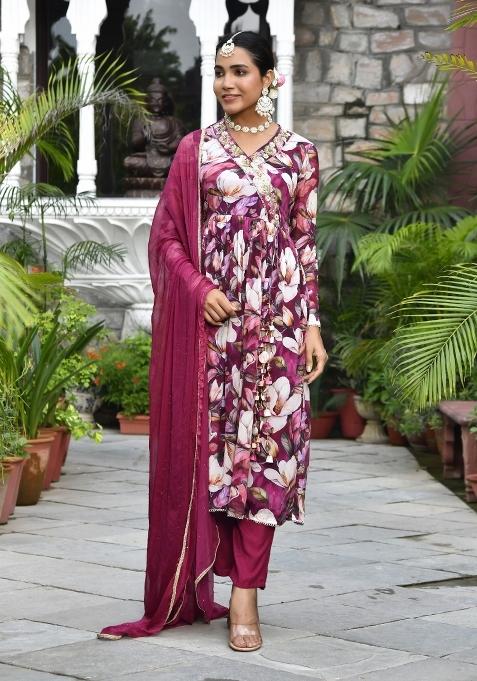 Maroon Thread Work Chinon Anarkali With Dupatta