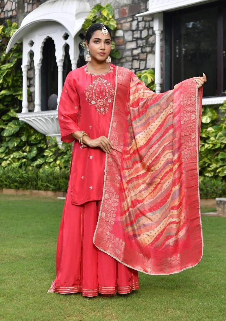 Red Embroidered Silk Sharara Set - Indya