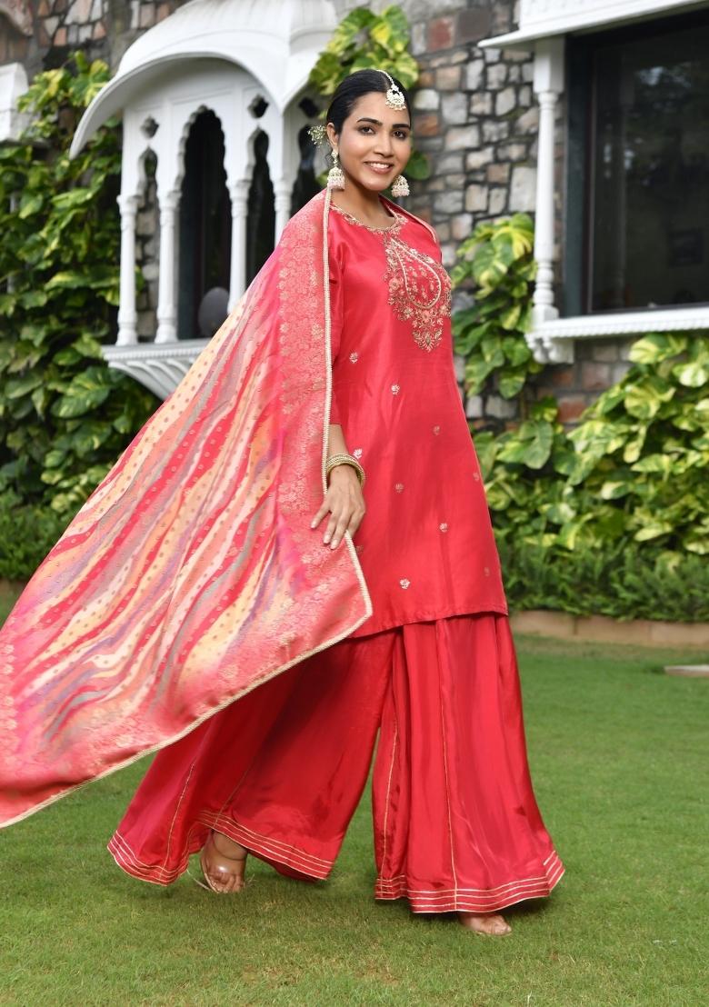 Red Thread Work Russian Silk Sharara Set - Indya