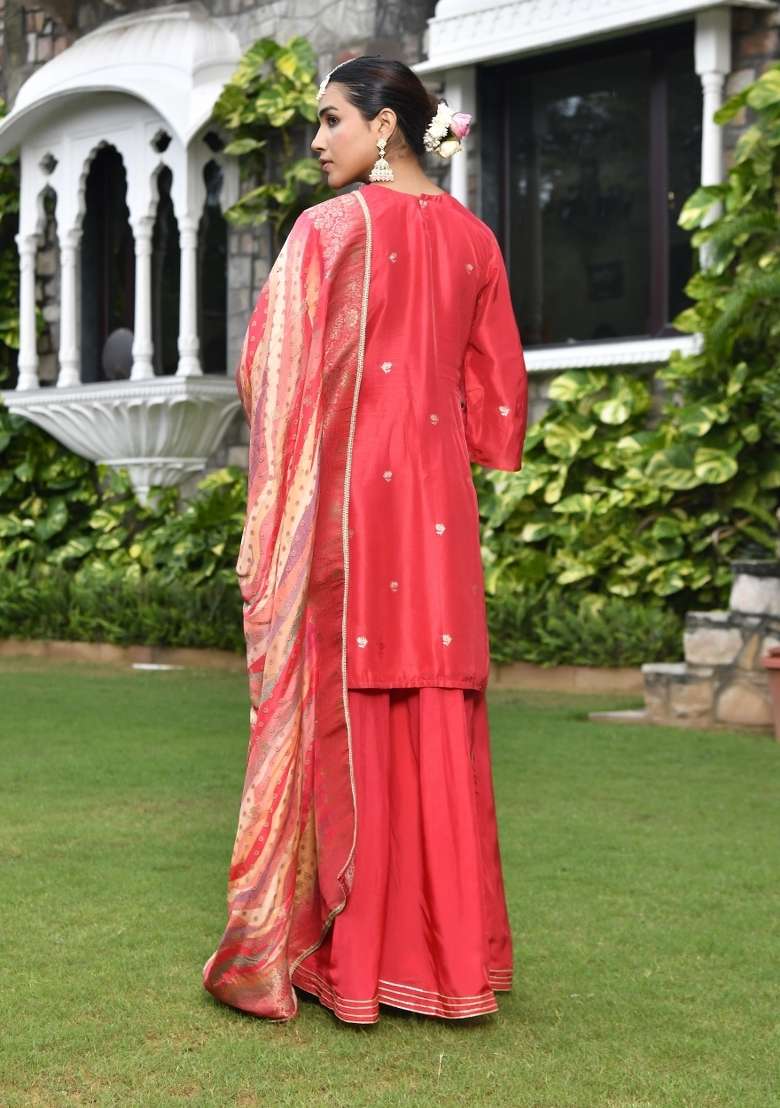 Red Embroidered Silk Sharara Set - Indya