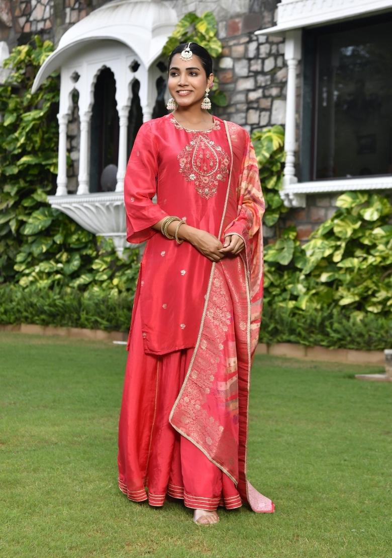 Red Thread Work Russian Silk Sharara Set - Indya