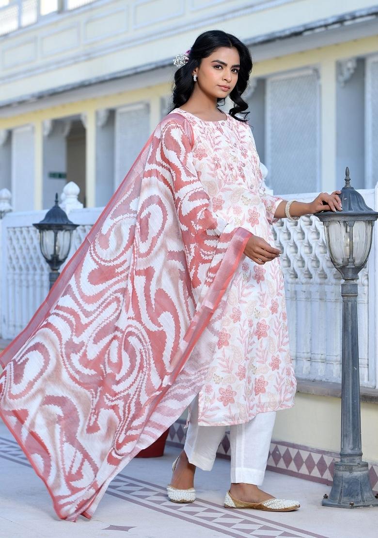 Cream Thread Work Linen Suit Set - Indya