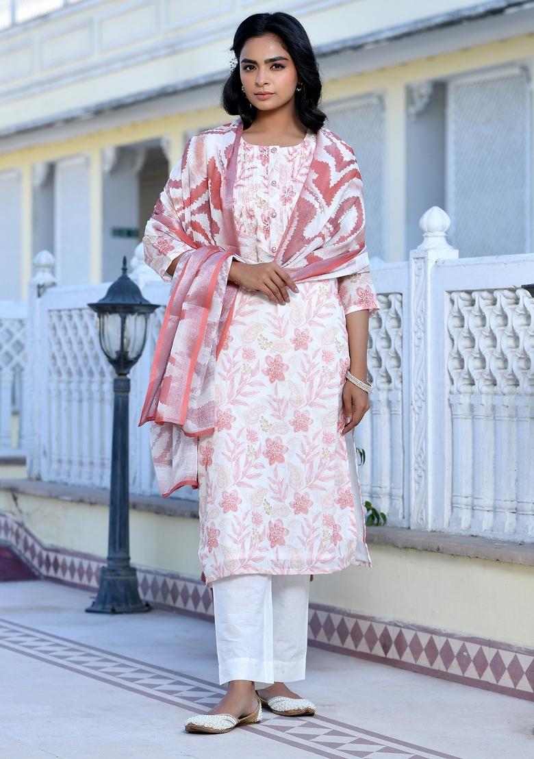 Cream Thread Work Linen Suit Set - Indya