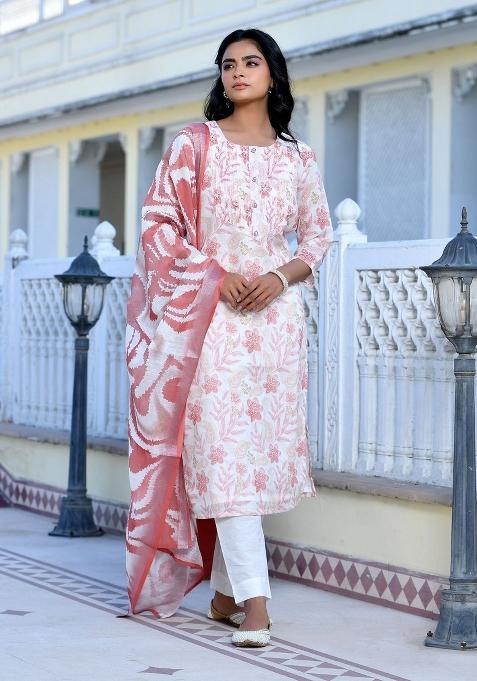 Cream Thread Work Linen Suit Set