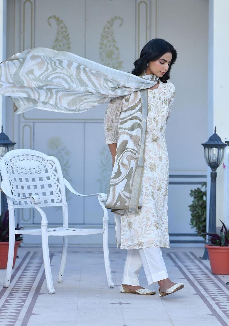 Cream Thread Work Linen Suit Set