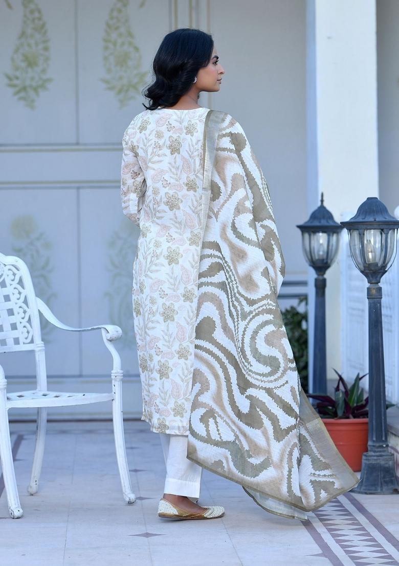 Cream Thread Work Linen Suit Set