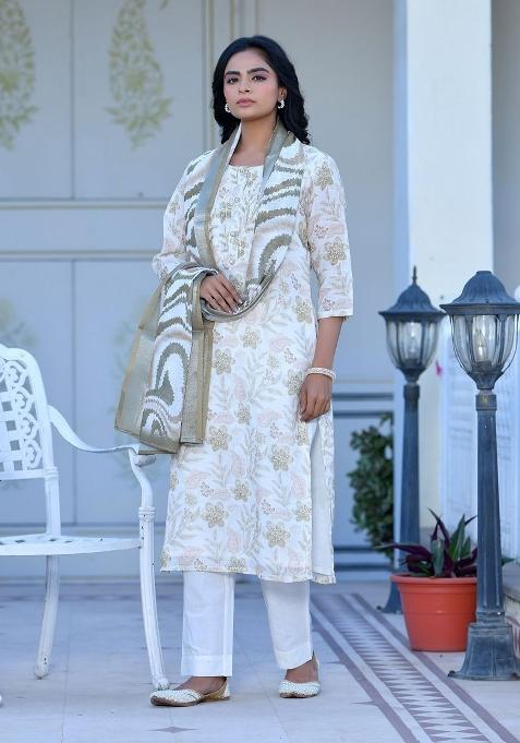 Cream Thread Work Linen Suit Set