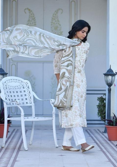 Cream Thread Work Linen Suit Set