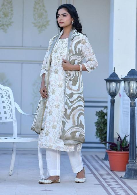 Cream Thread Work Linen Suit Set