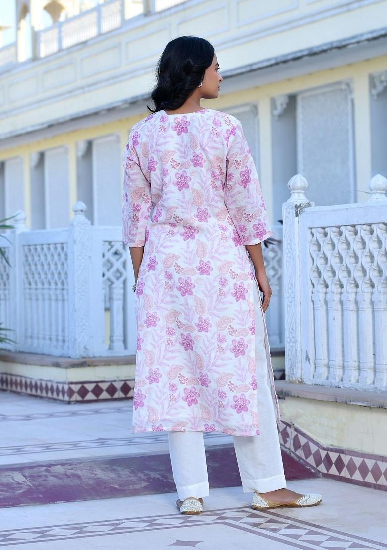 Cream Thread Work Linen Suit Set