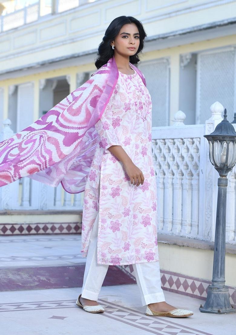 Cream Thread Work Linen Suit Set