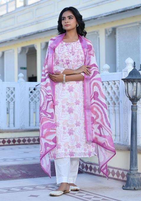 Cream Thread Work Linen Suit Set