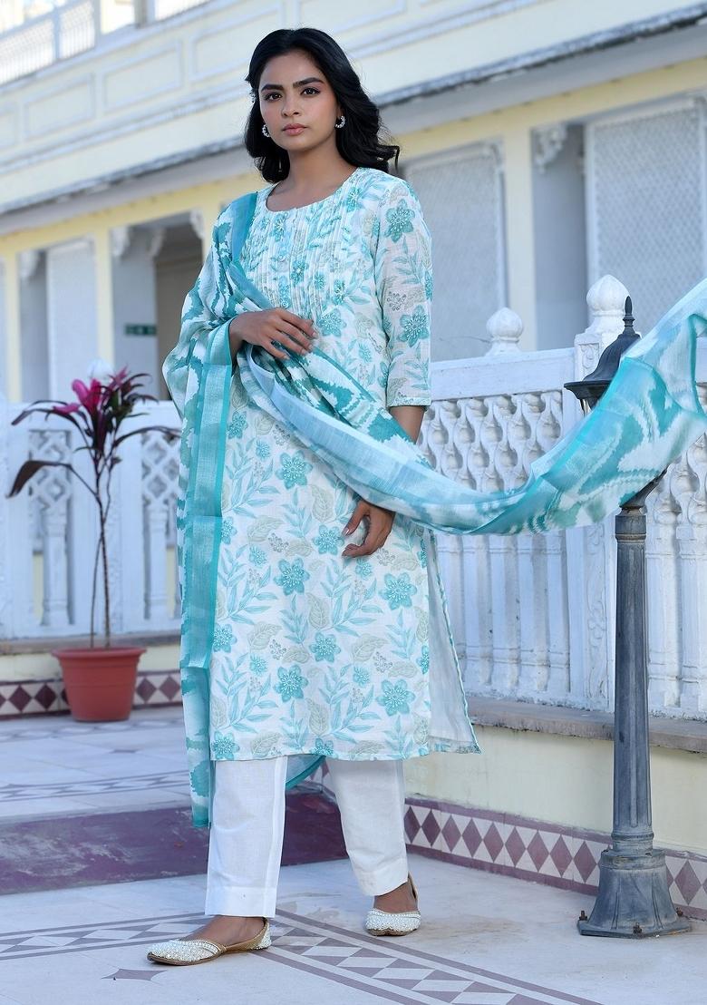 Cream Thread Work Linen Suit Set