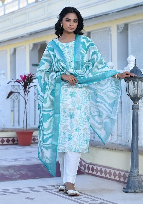 Cream Thread Work Linen Suit Set