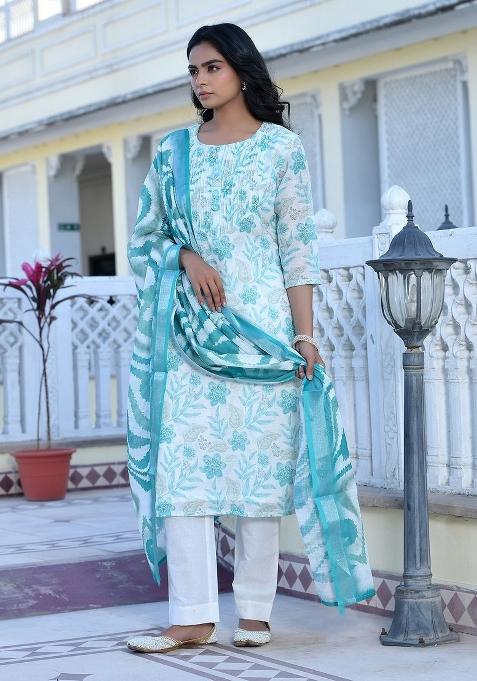 Cream Thread Work Linen Suit Set