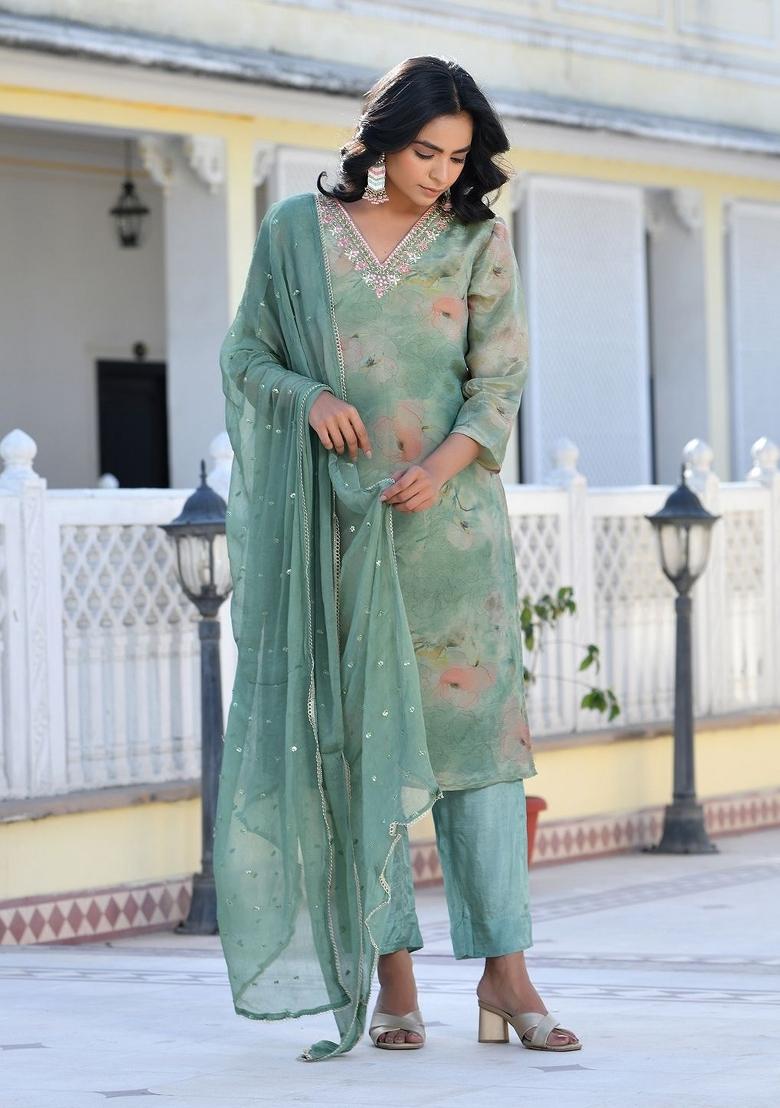 Green Mirror Work Tissue Suit Set - Indya