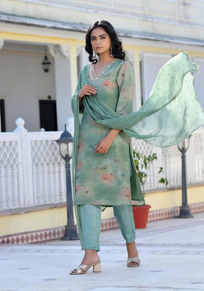 Green Mirror Work Tissue Suit Set - Indya