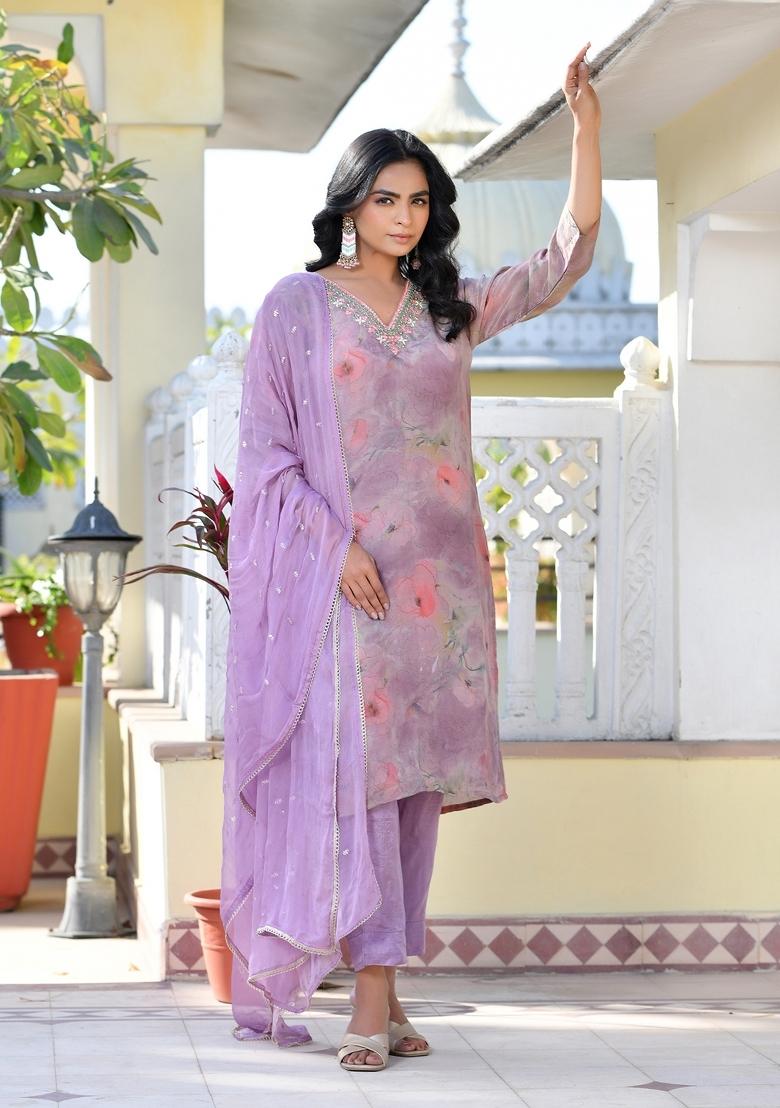 Lavender Mirror Work Tissue Suit Set - Indya