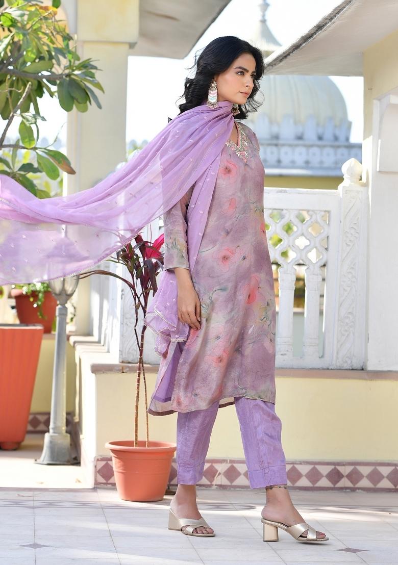 Lavender Mirror Work Tissue Suit Set - Indya