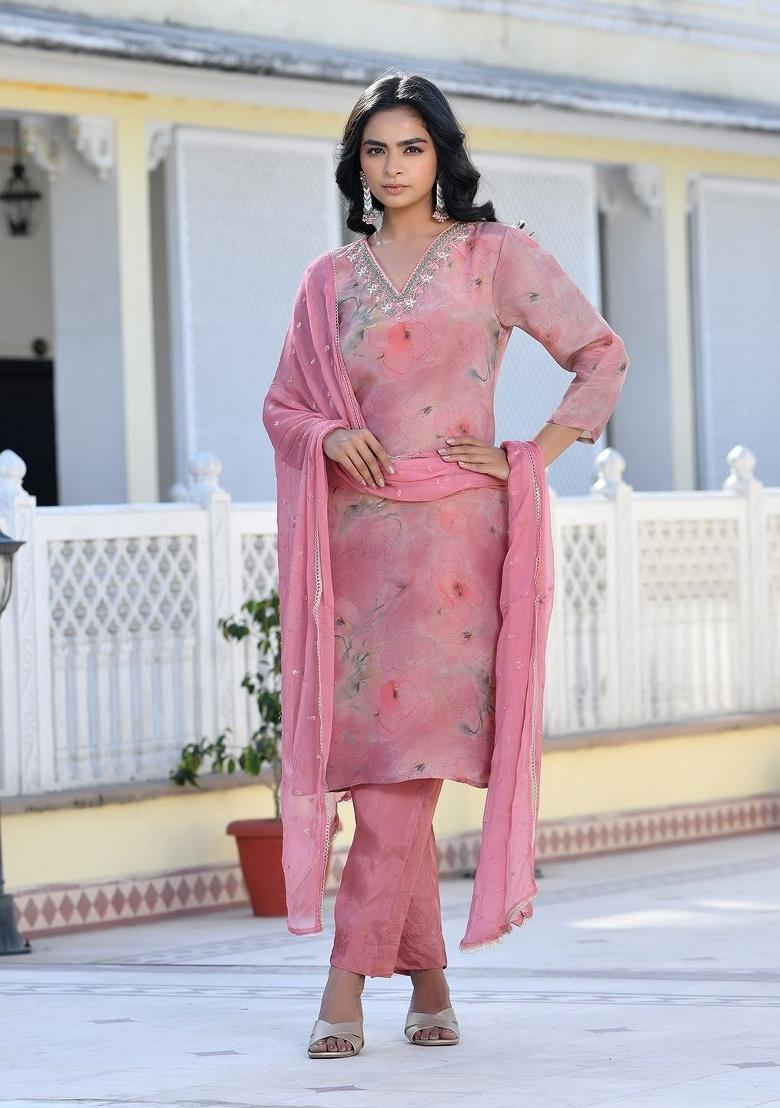 Pink Mirror Work Tissue Suit Set - Indya