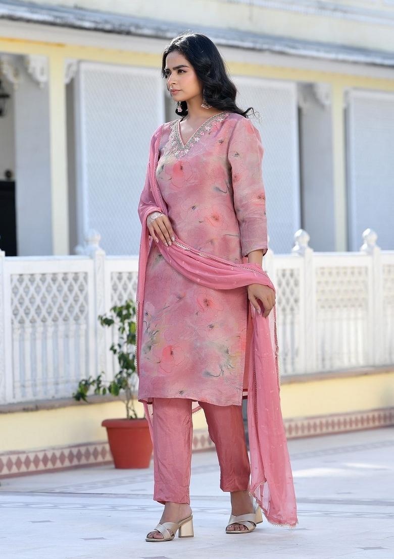 Pink Mirror Work Tissue Suit Set - Indya