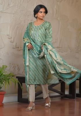 Dark Green Mirror Work Silk Suit Set