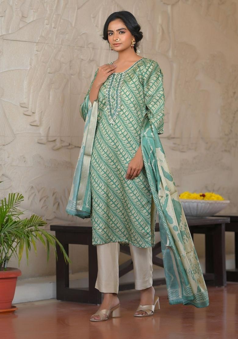 Dark Green Mirror Work Silk Suit Set - Indya