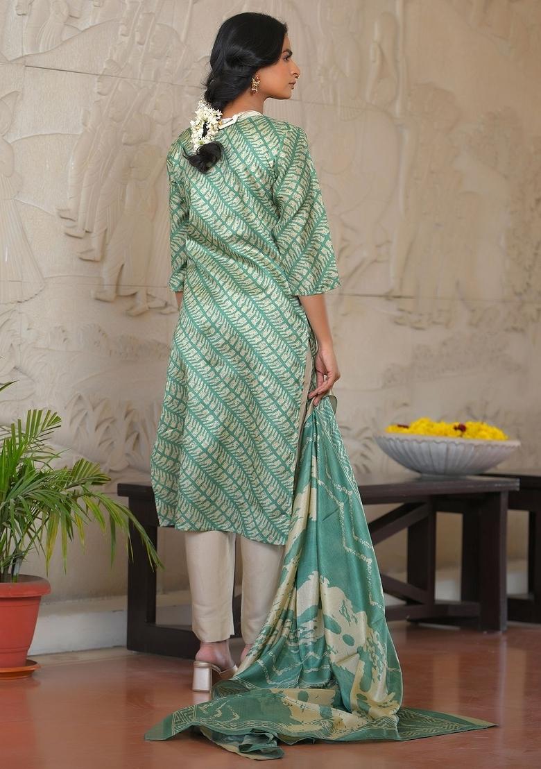 Dark Green Mirror Work Silk Suit Set