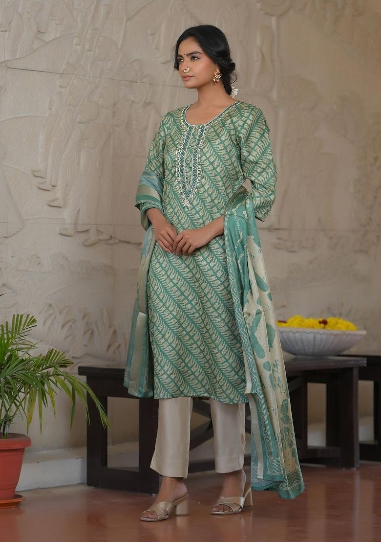 Dark Green Mirror Work Silk Suit Set - Indya
