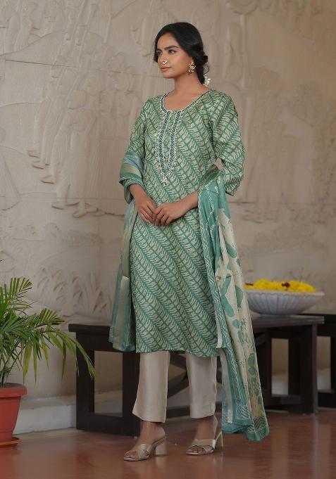Dark Green Mirror Work Silk Suit Set
