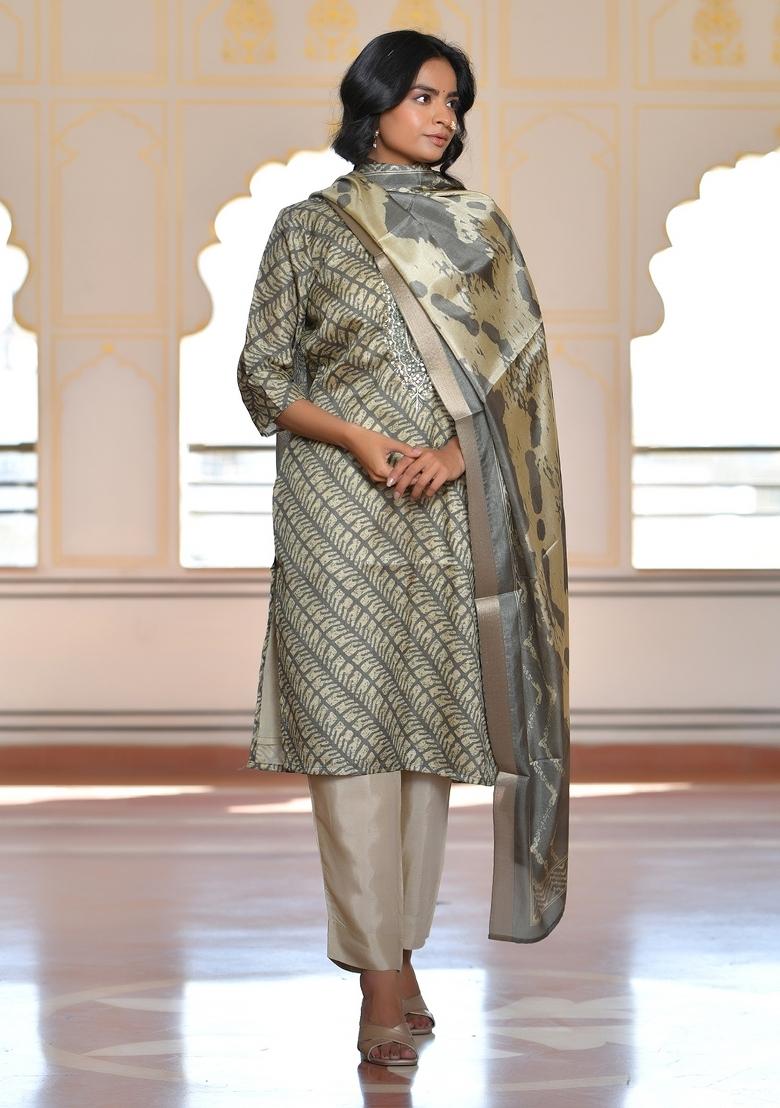 Grey Mirror Work Silk Suit Set - Indya