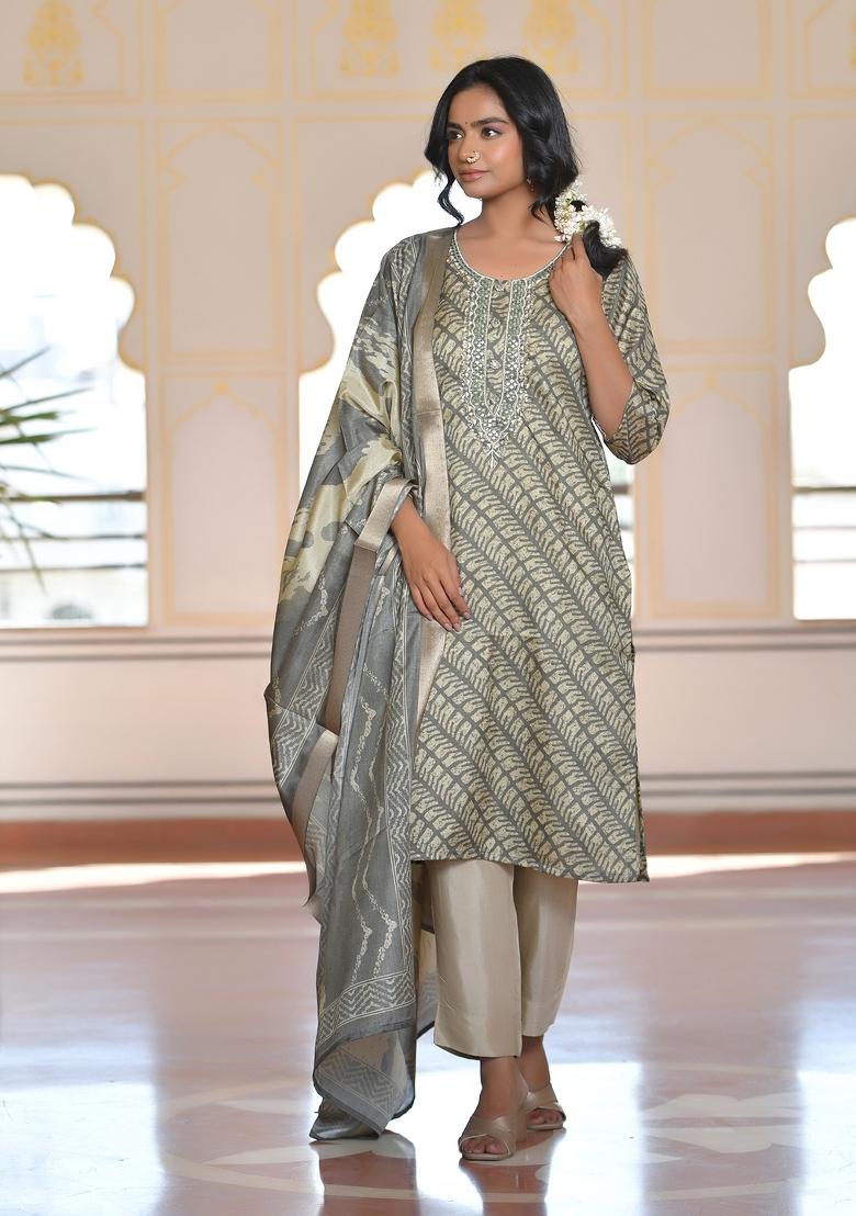 Grey Mirror Work Silk Suit Set - Indya