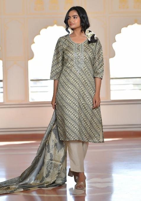 Grey Mirror Work Silk Suit Set