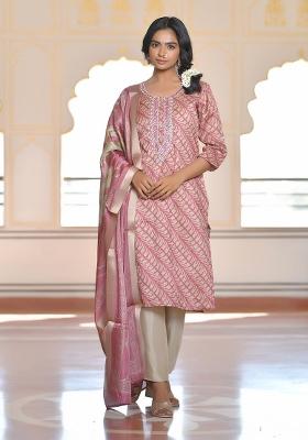 Pink Mirror Work Silk Suit Set