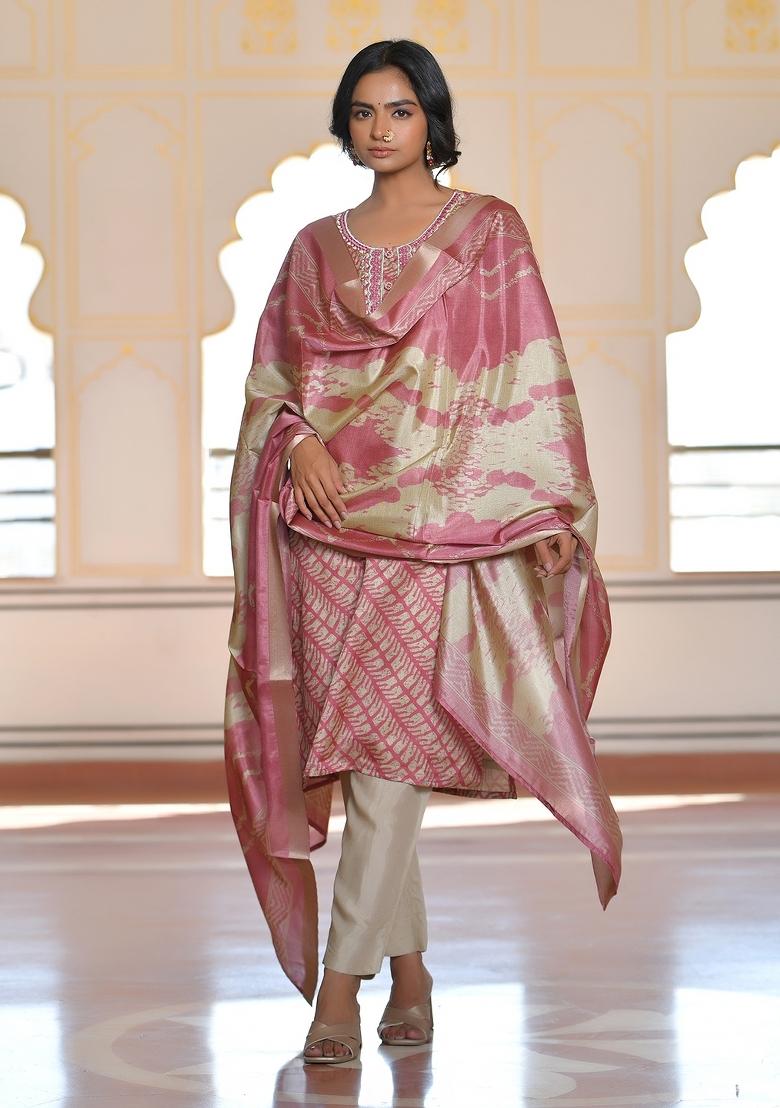 Pink Mirror Work Silk Suit Set - Indya