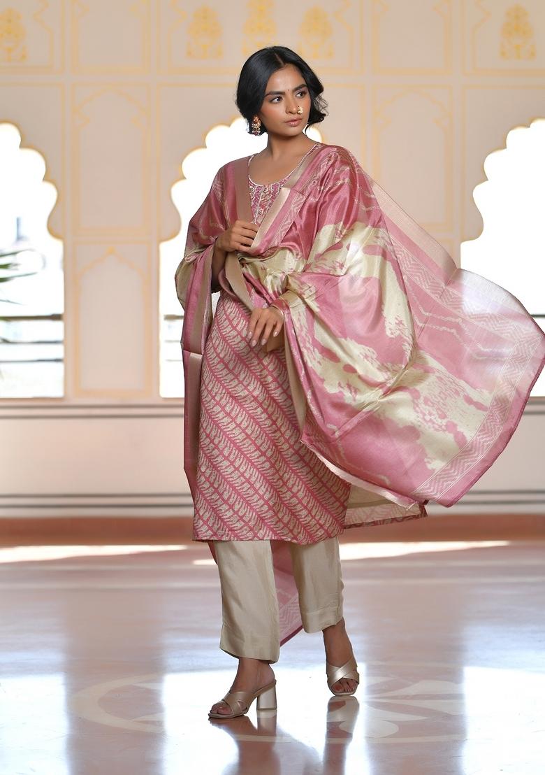 Pink Mirror Work Silk Suit Set - Indya