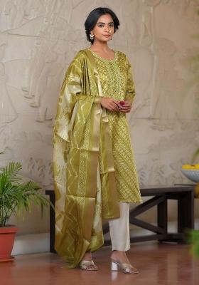 Green Mirror Work Silk Suit Set