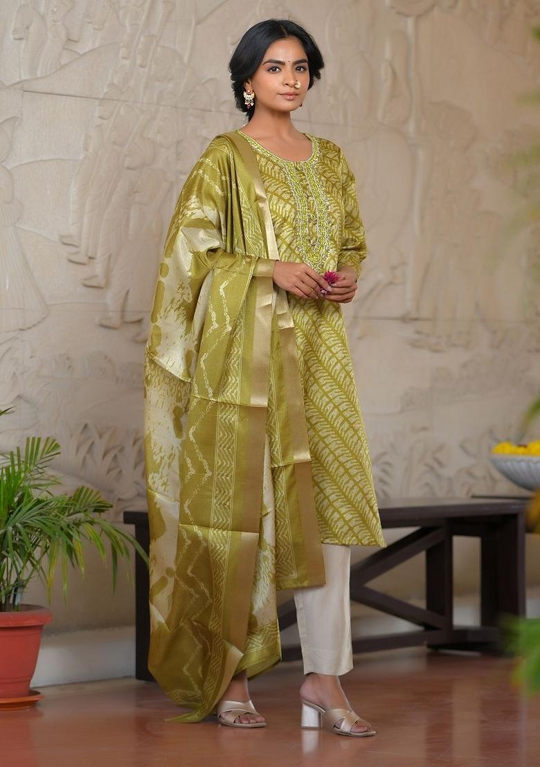 Green Mirror Work Silk Suit Set