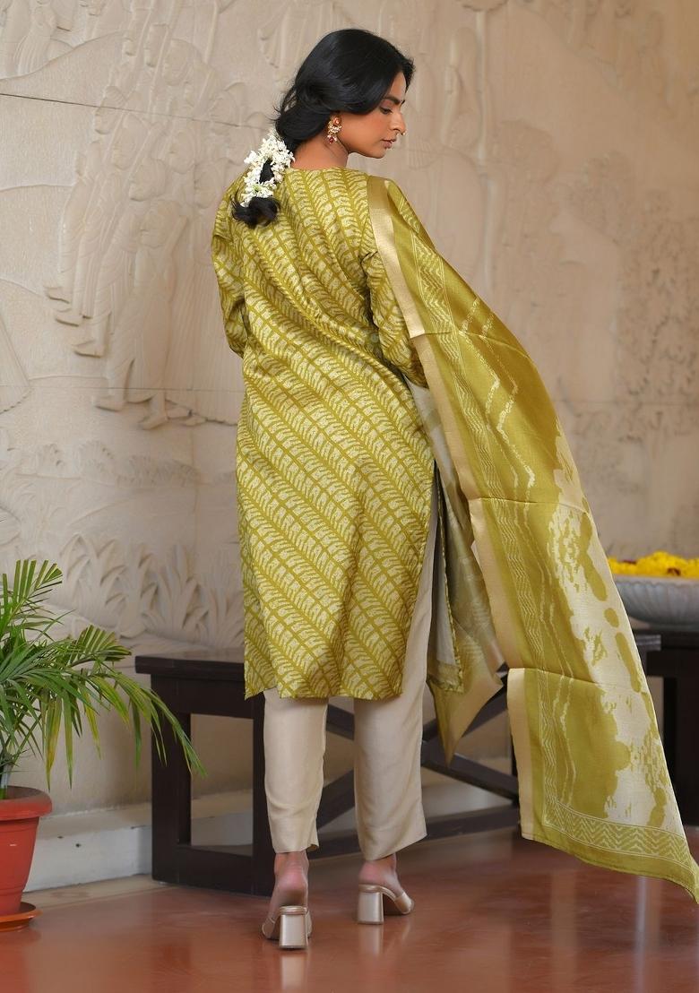 Green Mirror Work Silk Suit Set