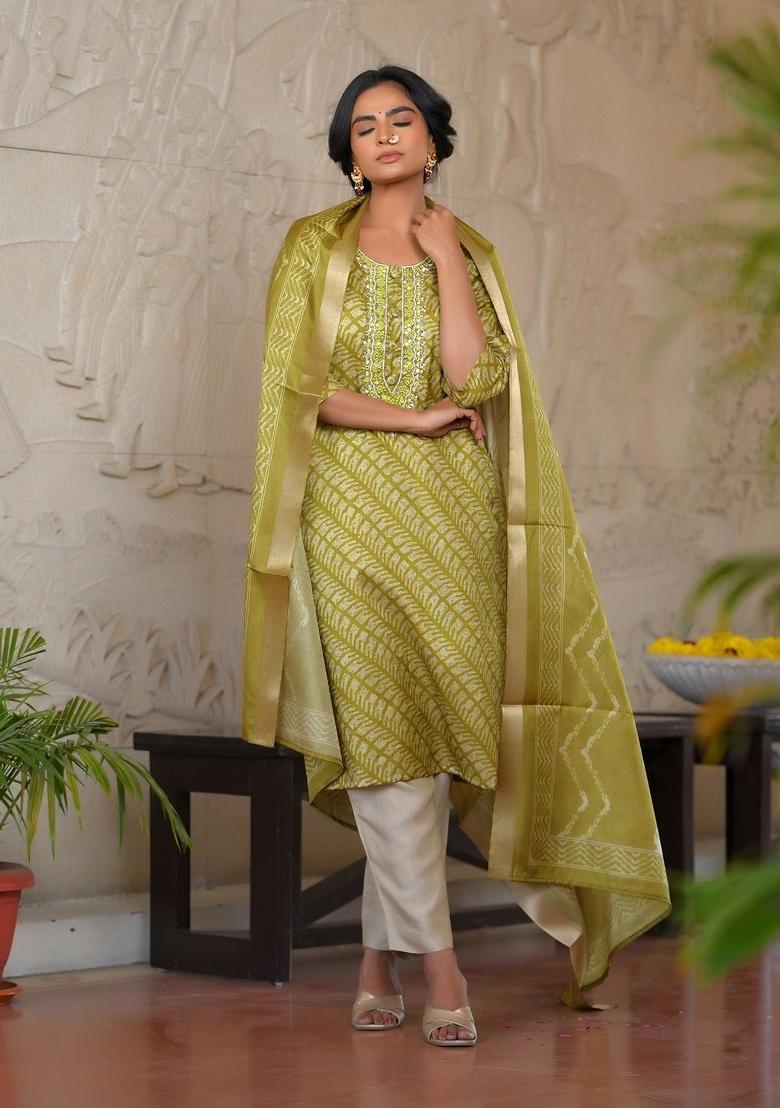 Green Mirror Work Silk Suit Set - Indya