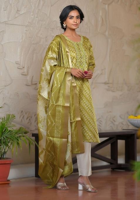 Green Mirror Work Silk Suit Set