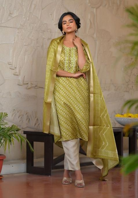 Green Mirror Work Silk Suit Set