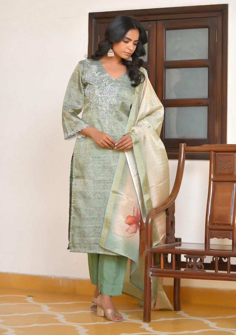 Green Zari Silk Suit Set - Indya