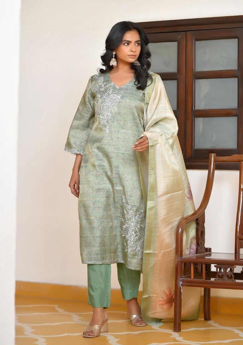 Green Zari Silk Suit Set - Indya