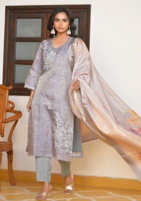 Grey Zari Silk Suit Set