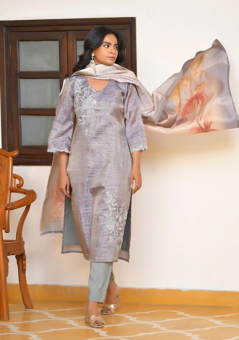 Grey Zari Silk Suit Set - Indya