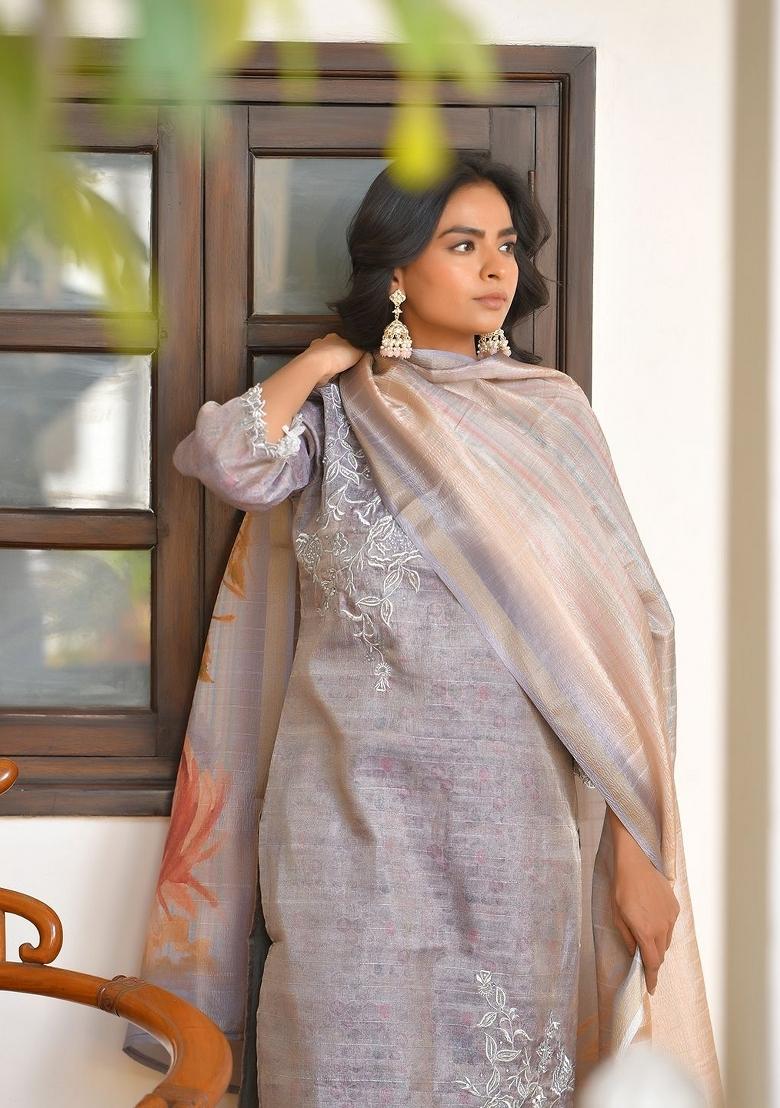 Grey Zari Silk Suit Set - Indya