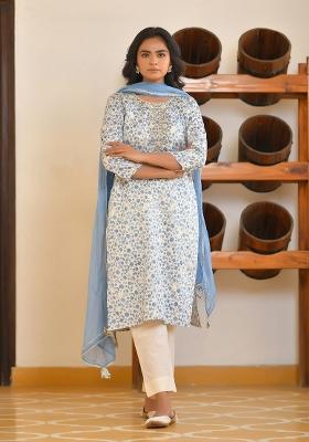 Cream Zari Work Cotton Suit Set