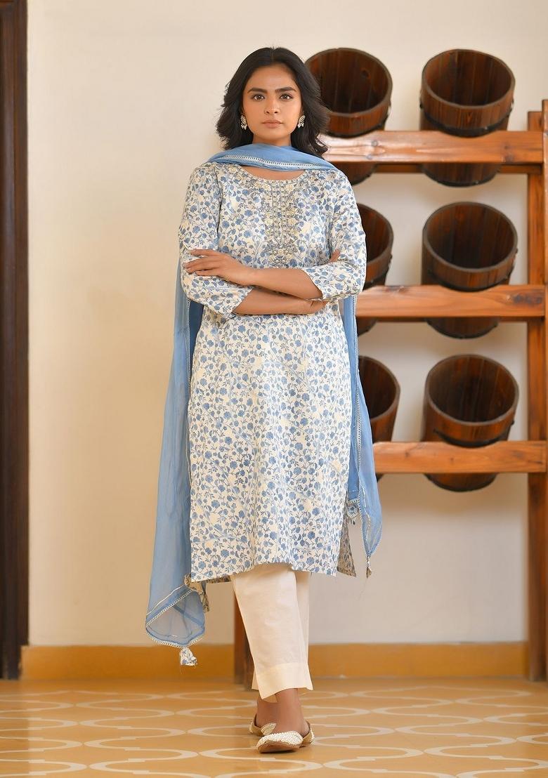 Cream Zari Work Cotton Suit Set - Indya